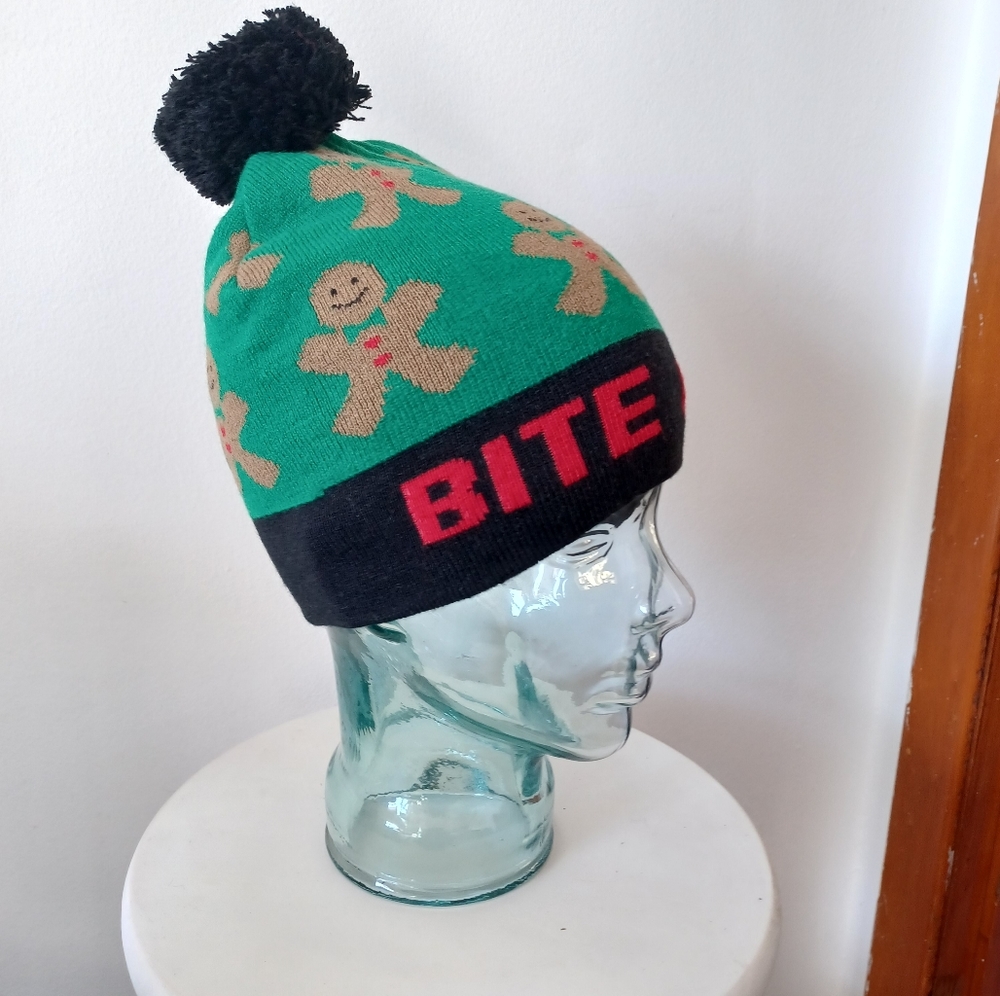 FREE w/$30 Purchase; Green and Black "Bite Me" Gingerbread Man Beanie Toque Hat